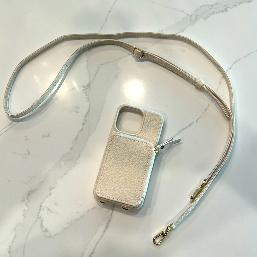 Cream colored crossbody iPhone 13 Pro case